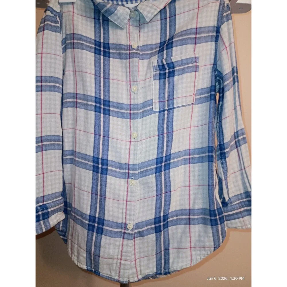 Old Navy Girls S (6-7) Blue White Pink Plaid Long Sleeve Collared Button-Up